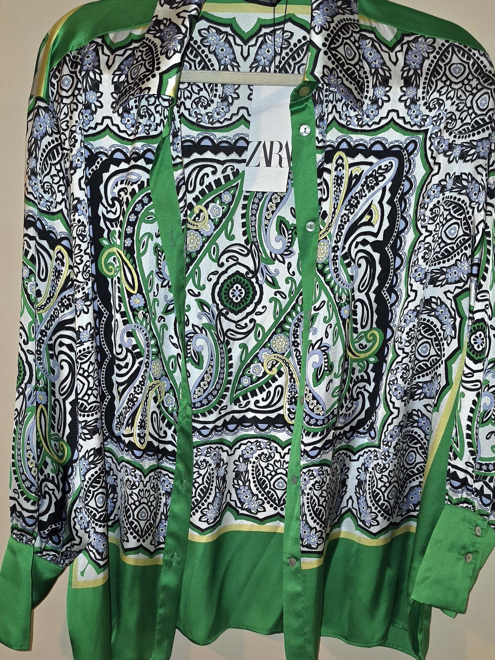 ZARA Green Paisley Silk-Feel Button-Up Shirt
